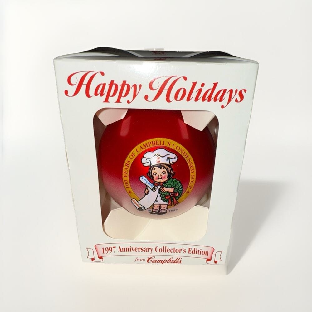 Vintage 1997 Campbell's Soup 100 Years Anniversary Christmas Ornament Red Glass